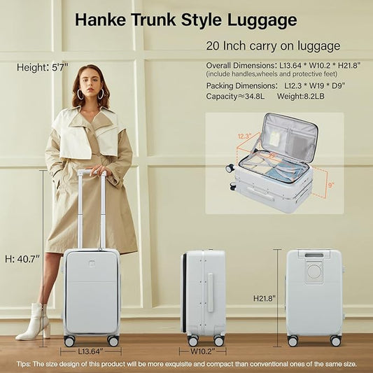 Hanke 20 Inch Carry On Luggage with Cup Holder and Charge,Top Opening Hard Shell Suitcases with Wheels and Dividers,Aluminum Frame Trunk Luggage Small Suitcase with Lock for Travel,Smoke White