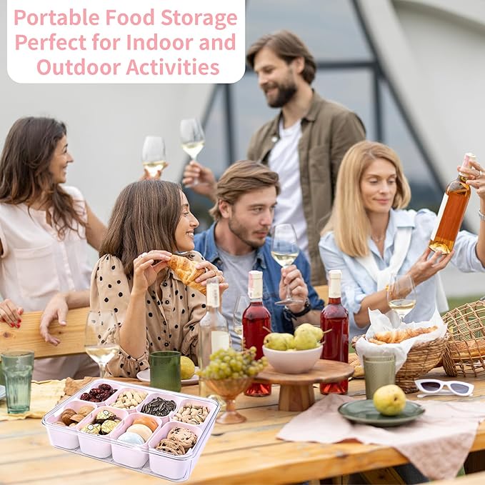 Yuroochii Snackle Box Container, Portable Snackle Box 8 Compartment Divided Serving Tray with Lid & Handle, Clear Snack Platter for Travel Candy Party Fruit Salad (Pink)