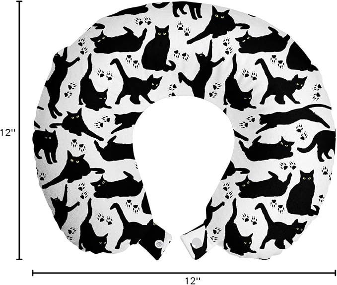 Ambesonne Cat Travel Pillow Neck Rest, Cats Yellow Eyes in Different Positions Paw Traces Playful Feline Animal, Memory Foam Traveling Accessory for Airplane and Car, 12", Black Charcoal