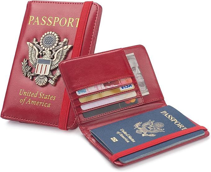 Coowayze US Passport Holder Wallet for Travel Men Women Red RFID Passport Cover Case, Waterproof Red Leather Passport Book Protector with Vaccine Card Slot Travel Document Organizer