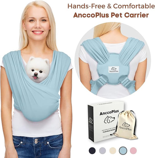 AnccoPlus Dog Carriers for Small Dogs, Front Facing Dog Sling Carrier, Hands Free Cat Carrier, Size Adjustable, Reducing Back Pain, Premium Cotton, Safe and Soft Dog Carrier (Plus, Baby Blue)