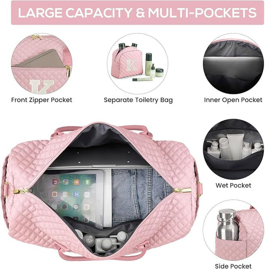 Letter Weekender Bags for Womens - Duffle Bag with Shoe Compartment Personalized Overnight Bag with Toiletry Bag Duffel Bags for Gym Hospital Bags Gift for Women Pink (Letter K)