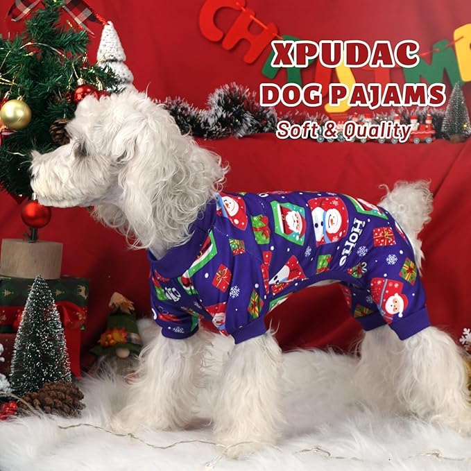 Xpudac 4 Pack Dog Christmas Pajamas Reindeer Puppy Clothes Cute Santa Claus Dog Pajamas Costumes Outfit Red Green Small