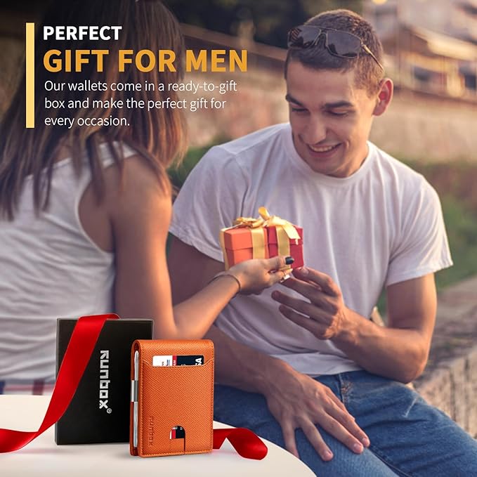 RUNBOX Slim Wallets for Men - Leather Money Clip Mens Wallet - RFID Blocking Front Pocket Bifold Wallet - Thin Credit Card Holder with Gift Box