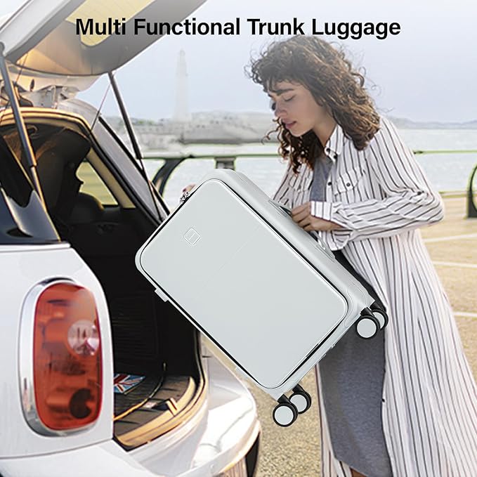 Hanke 24 Inch Luggage with Cup Holder and Charge,Top Opening Hard Shell Suitcases with Wheels and Dividers,Aluminum Frame Trunk Luggage Medium Checked Suitcase with Lock for Travel,Smoke White