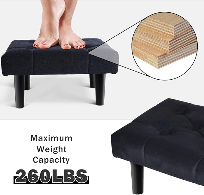 HOUCHICS Small Footstool Ottoman,Velvet Soft Footrest Ottoman with Wood Legs,Sofa Footrest Extra Seating for Living Room Entryway Office(Black 1PACK)