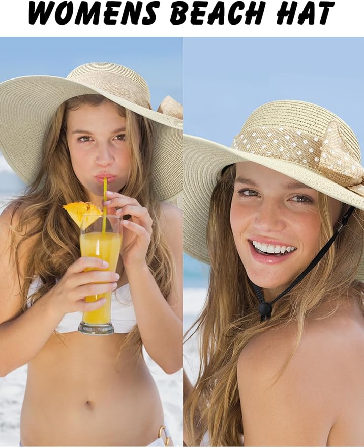 Senker Fashion Sun Hats for Women, Wide Brim Floppy Beach Straw Hat for Summer Travel Vacation Foldable with Sunglasses