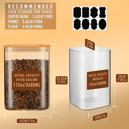 D2scrma 122oz Airtight Glass Square Storage Canister with Bamboo Lid Set of 1 (3600ml) Gallon Glass Jars Large Kitchen Canister for Sugar, Flour, Cookies and Coffee beans (with Black Lable)