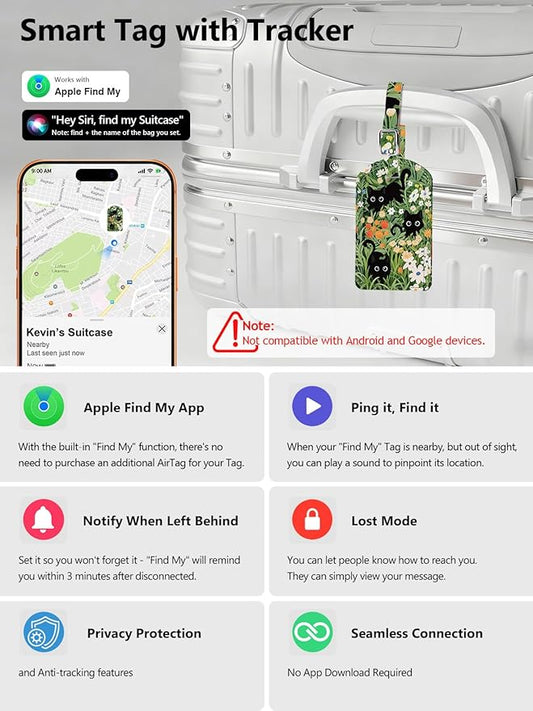 Luggage Tags Built-in Anti-Loss Tracker, Luxury Leather Luggage Tags for Suitcase, Travel Bags, Backpacks, Travel Organizer for Lost Baggage Prevention (Prairie Cat)