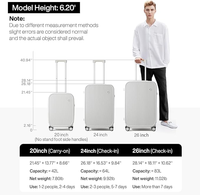 mixi Checked Luggage with Cup Phone Holder Hard Shell Rolling Travel Suitcase with Spinner Wheels,24 Inch Smoke White
