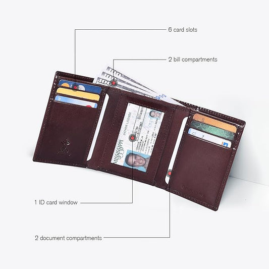 Real Leather Mens Trifold Wallet RFID Blocking Slim Minimalist Front Pocket - Thin & Stylish with ID Window in Gift Box