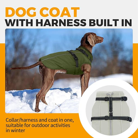 Lelepet Waterproof Dog Jacket with Harness Built in Warm Dog Winter Coat, Reflective Windproog Fleece Jacket, Dogs Coats for Small Dogs, Thermal Pet Snowsuit for Cold Weather, Maltese, Army Green, XS