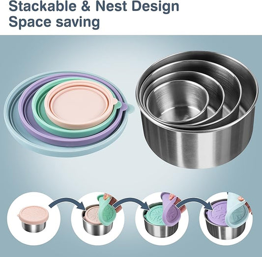 Homotte Stainless Steel Containers with Lids - Stackable Toddler Snack Containers, 18/8 Stainless Steel Lunch Box for Kids Adults, Leakproof Metal Food Storage Containers (4Pack: 3oz, 7oz, 13oz, 22oz)