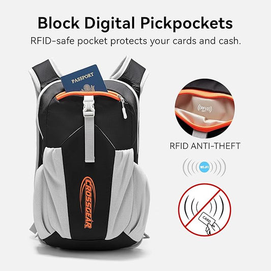CROSSGEAR 16L RFID Hiking Backpack, Lightweight Foldable Packable Backpack, Small Travel Hiking Daypack for Women Men Black