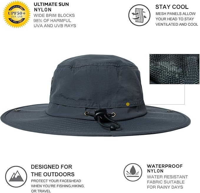 Oversize XL XXL Large Wide Brim Waterproof UPF 50+ Bucket Sun Summer Travel Fishing Hiking Fisherman Hat Detachable Chin
