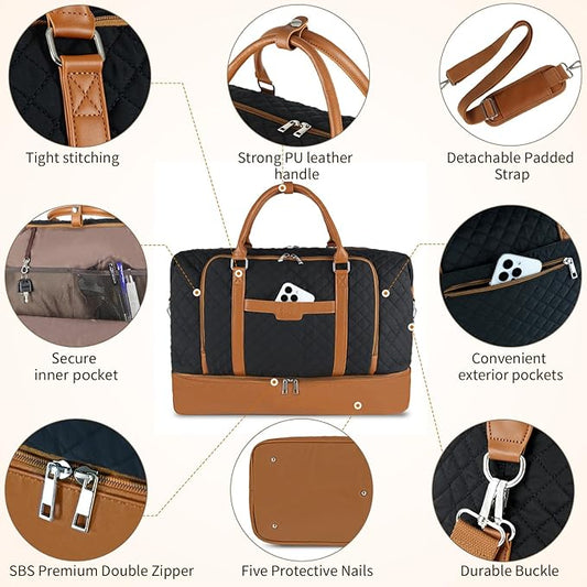 Weekender Bag, Large Travel Duffel Bag for Women, Carry on Overnight Bag with Shoe Compartment and Toiletry Bags