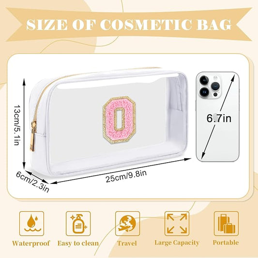 Personalized Initial Letter Clear Makeup Bag,Preppy Small Nylon&PVC Cosmetic Zipper Bag with Chenille Letter,Travel Skincare Toiletry Bag,Monogram Christmas Gift for Teen Girls Women,O