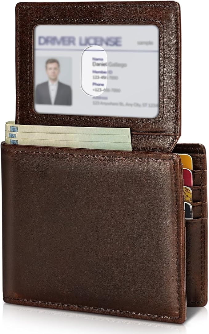 Artpaxy Mens Wallet Genuine Leather Bifold RFID Blocking Wallet for Men with 2 ID Windows 12 Card Holders 2 cash pockets 1 Gift Box