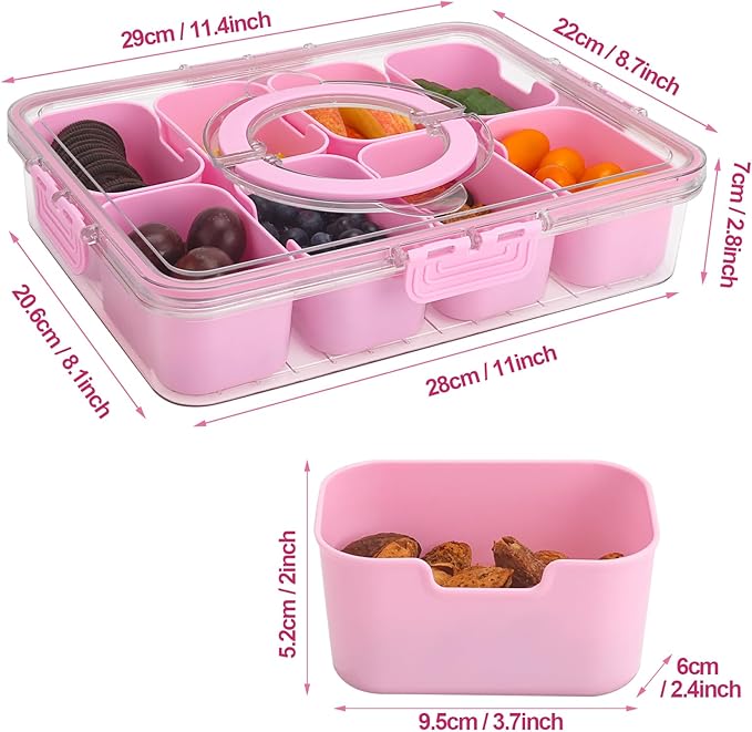 shopwithgreen Divided Serving Tray with Lid and Handle, Portable Snackle Box Charcuterie Container for Party, Veggies, Fruits, Nuts, Candy, Food Tray Platter Snack Box for Entertaining, Picnic, Pink