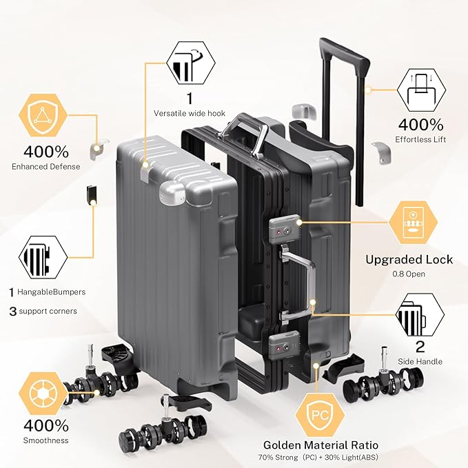 Krute Luggage 28 Inch Aluminum Frame Luggages TSA Lock No Zipper Checked Suitcase with Spinner Wheels PC+ABS Hardshell Lightweight Large Suitcases