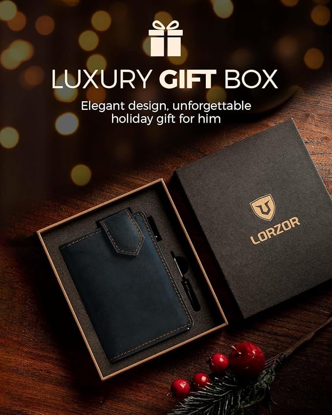 LORZOR Slim Wallet for Men with Security Latch, Pop Up Metal Card Holder Wallet, Finest Full Grain Leather Bifold Wallets, Smart, Minimalist, RFID Blocking, Front Pocket, ID Window