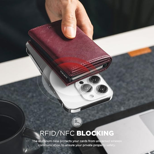 VULKIT Pop up Card Wallet Minimalist Cash Wallets RFID Blocking Leather Smart Credit Card Holder with ID window for Men(Wine)