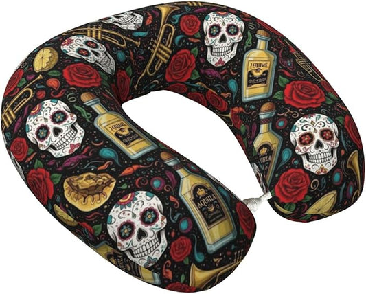 Support Neck Pillow for Youth Travel, Washable Airplane Chin Supporting and Relax U Shaped Pillows Vintage Day of Dead Sugar Skulls Rose Flowers Cactus