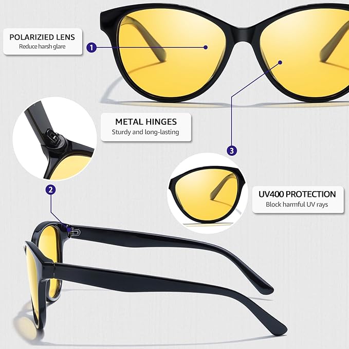 Myiaur Night Vision Driving Glasses for Women, Polarized Anti Glare Yellow Lens Glasses for Nighttime, UV400 Protection