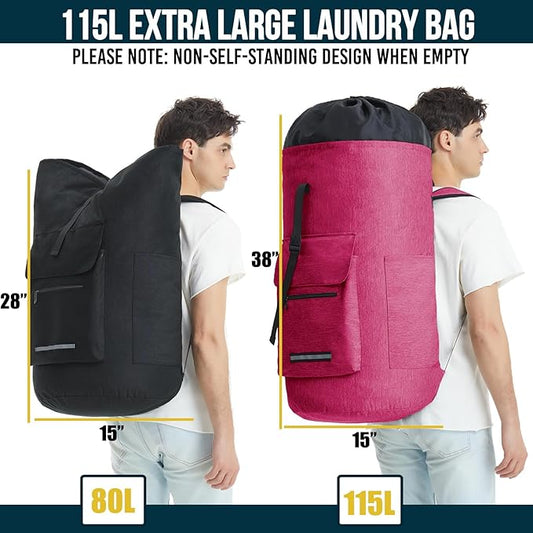 Laundry Bag Extra Large 115L,Laundry Backpack with Shoulder Straps,Sturdy Travel Laundry Bags with 4 Pockets,Laundry Backpack Heavy Duty,Clothes Hamper Bag XXL,College Dorm Essentials