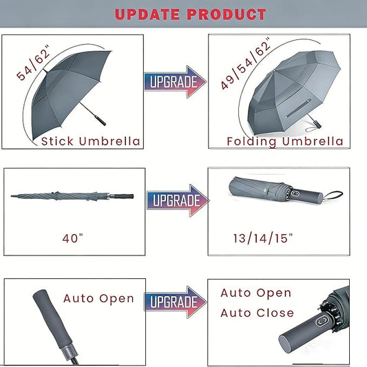 MRTLLOA 49/54/62 Inch Large Folding Golf Umbrella, Oversize Double Canopy Vented 10 Ribs Windproof Compact Travel Umbrellas for Rain