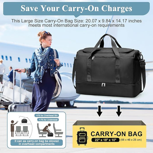 Large Travel Duffle Bag,Carry on Overnight Weekend Bag with Shoes Compartment,Weekender Bags for Women for Travel Business Trips Sport Hospital,3 Pcs Set,Black