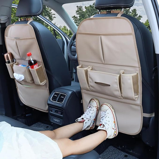 Car Backseat Organizer for Kids, Car Back Seat Storage Bag With 3 Pockets, 2 Drinks Holders, Water Resistant, Kids Toy Storage Kick Mat Back Seat Protector for Toddlers (Beige 1-Pack)
