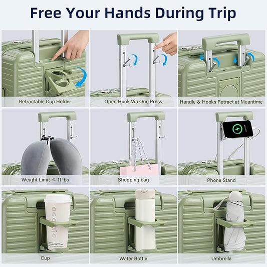 Hard Shell Suitcases Expandable Travel Luggage Sets 2 Piece, Carry on and Check in Luggage Lightweight Suitcase Set 2 Piece with Wheels Cup Holder Charger Built in (Bamboo Green, 20/28)