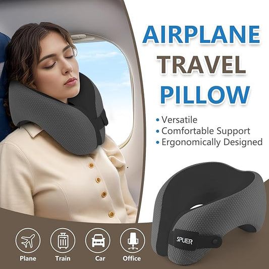 2in1 Ergonomic Memory Foam Travel Neck Pillow – Travel Pillow for All Sleep Positions on Flights, Road Trips, and Long Distance Travel with Drawstring Bag (Adjustable - Dark Gray & Black)