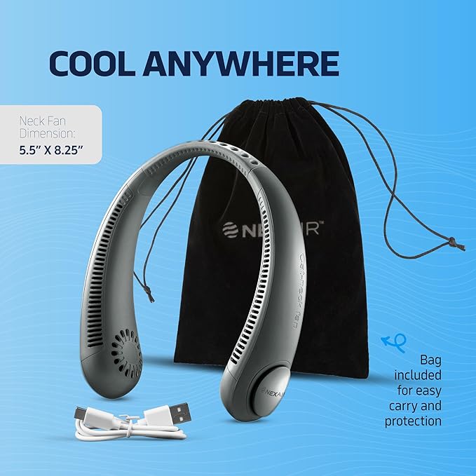 NEXAIR Portable Neck Fan - 3 Speed Rechargeable Bladeless Neck Fan, Adjustable Personal Black Neck Fan For Women & Men Modern Design, Great Cooling Fan For Travel, Outdoors & Sports