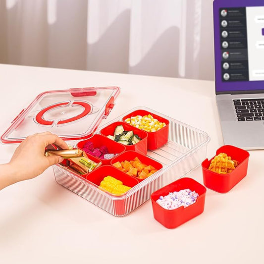 Patent Design Ribbed Snackle Box Container Divided Serving Tray with Lid and Handle -Charcuterie Container Portable Storage Organizer for Candy, Fruit, Beach, Picnics(1 pcs, Red)