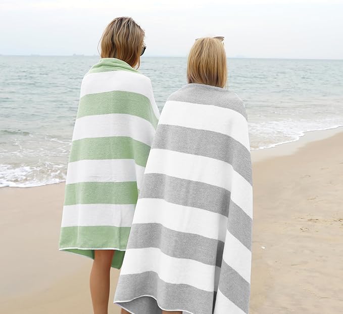CLOWOOD Plush Oversized Beach Towel - Cotton 40 x 70 Inch Large Thick Grass Green Striped Cabana Pool Swimming Towel