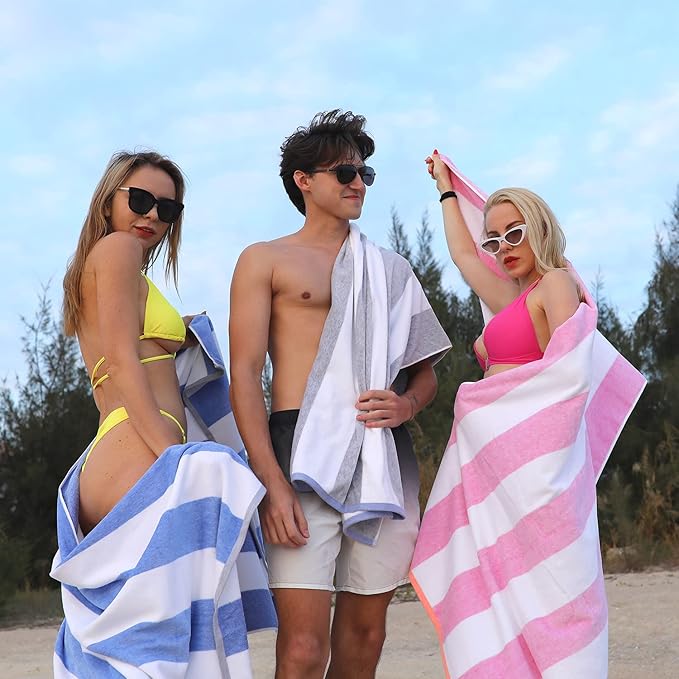 Cotton Oversized Beach Towel - Large 70 x 35 Inch Pool Towel, Aqua Striped Quick Dry Swimming Cabana Towel