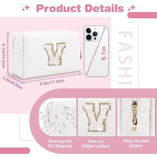 Small Initial Patch Makeup Bag Personalized Gifts Make Up Bag,White Cute PU Leather Glitter Letter Cosmetic Bag with Zipper,Trendy Portable Travel Toiletry Pouch,Preppy Stuff for Teen Girls Women V