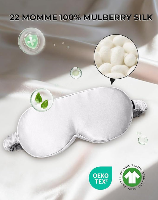 SilkSilky 100% 22 Momme Mulberry Silk Sleep Mask – Upgraded 3D Contoured Eye Mask with Nose Wing Pads & Adjustable Strap, Luxury Blackout Eye Cover for Women & Men (Light Gray)