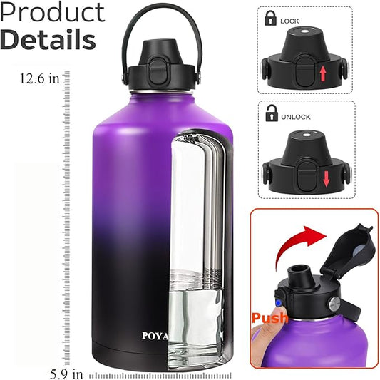 Water Bottle Insulated 32oz 40oz 64oz 128oz Straw Lid Spout Lid & 3 Lids, Leak Proof, Vacuum Insulated,Stainless Steel Water Bottle Wide Mouth for Sports, Gym or Office