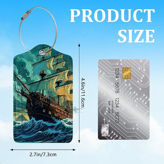 2 Pack Luggage Tag for Suitcase,Pirate Ship Luggage Tag with PU Leather Privacy Cover ID Label & Stainless Steel Loop for Women Men Travel Bag Suitcase