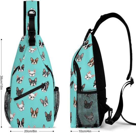 SWEET TANG Lightweight Sling Shoulder Backpack, Adjustable Gym Bags French Bulldog Faces Pattern, Large Capacity Chest Cross Body Bag Daypack, Outdoor Multipurpose Bag