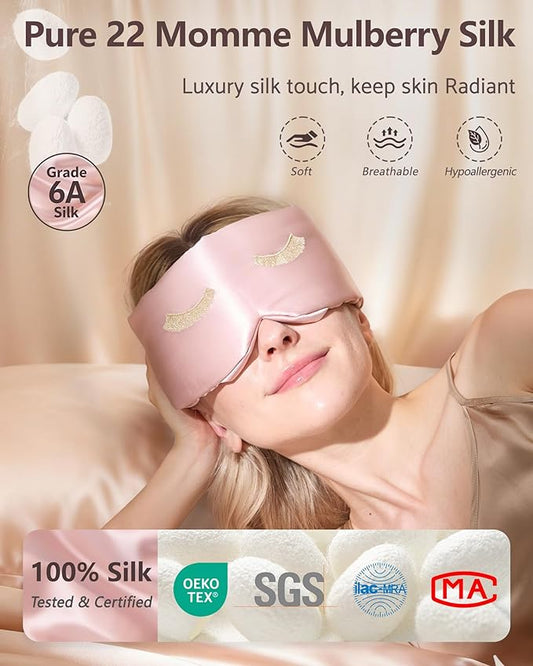 BeeVines Pure Silk 3D Sleep Mask for Women, Luxury 100% 22 Momme Mulberry Silk 3D Contoured Eye Mask for Lash Extensions, Zero Eye Pressure & Blackout Blindfold for Sleeping, with Adjustable Band