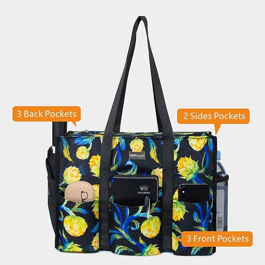 TOPDesign Utility Water Resistant Tote Bag with 13 Pockets, Top Zipper Closure & Thick Bottom Support, for Working Women