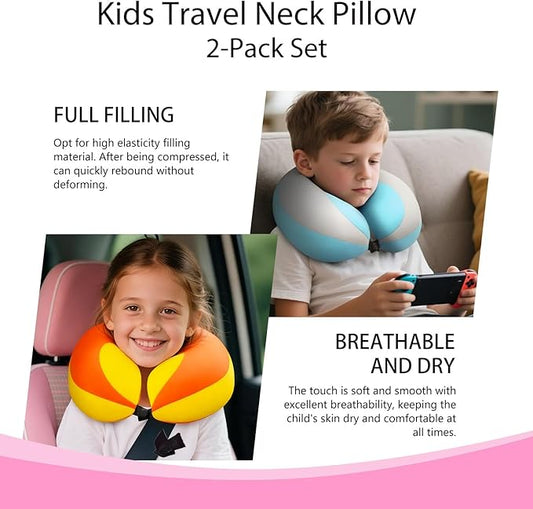 MOOB 2PCS Kids Travel Neck Pillow Soft Double Support Neck Pillow for Car & Airplane, Traveling Gifts for Toddler & Children (Yellow & Grey Blue)