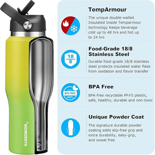 40 oz Insulated Water Bottle with Straw fit in Car Cup Holder(Cold 48 hrs, Hot 24 hrs) Drinking Bottle with Straw Lid, Spout Lid and Flex Cap Leakproof Travel Thermo Mugļ¼Yellow - Green