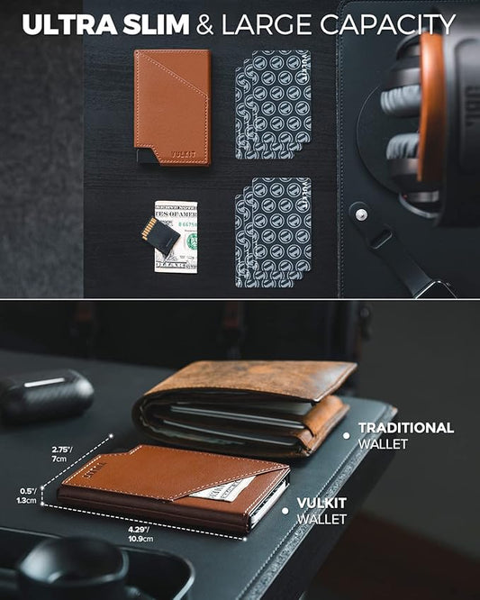 VULKIT Pop up Card Wallet RFID Blocking Slim Aluminum Metal Bank Card Holder Case with Business Money Pocket for Credit Cards Notes and Coins (Brown)