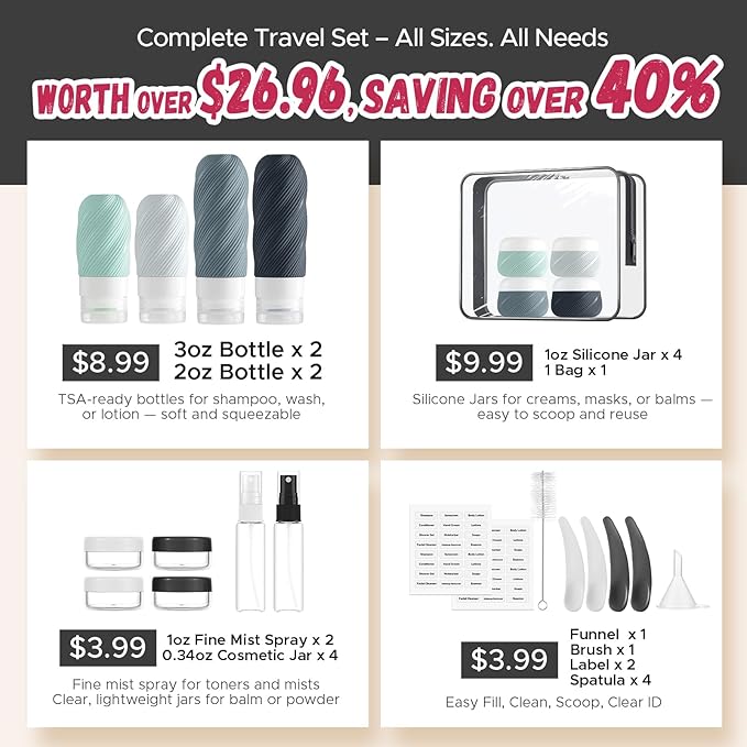 LitBear 23 Pack TSA Approved Travel Bottles for Toiletries, Leak Proof Refillable Travel Size Containers Kit with Silicone Squeezable Bottles Jars for Shampoo Lotion Conditioner, in Clear Bag, Gray