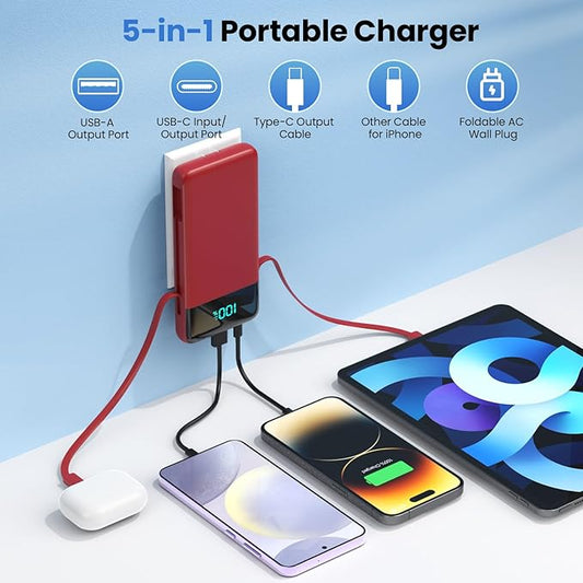 FOCHEW Portable Charger for iPhone with Built in Cables and Wall Plug,Upgraded 13800mAh Fast Charging USB C Power Bank,4 Outputs Travel Essential Battery Pack Compatible with iPhone 15/14/13/12,-Red